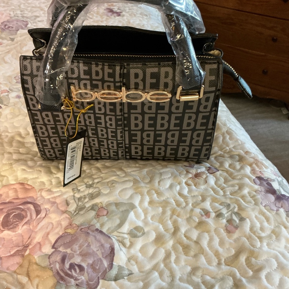 Bebe Gray/Black  Satchel with Monogram Pattern and Glossy Finish - Picture 3 of 12